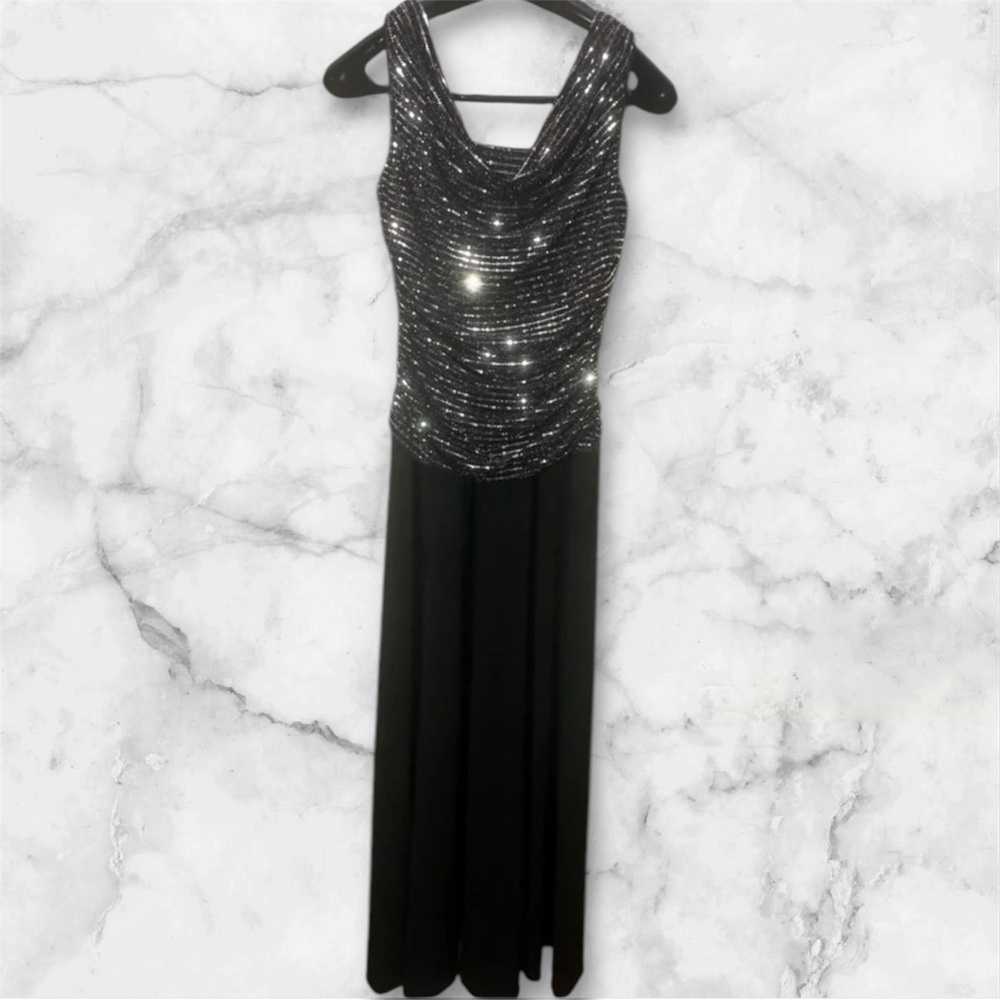 R & M Richards 14 Cowl Neck Silver Metallic/Black Special Occasion Dress‎